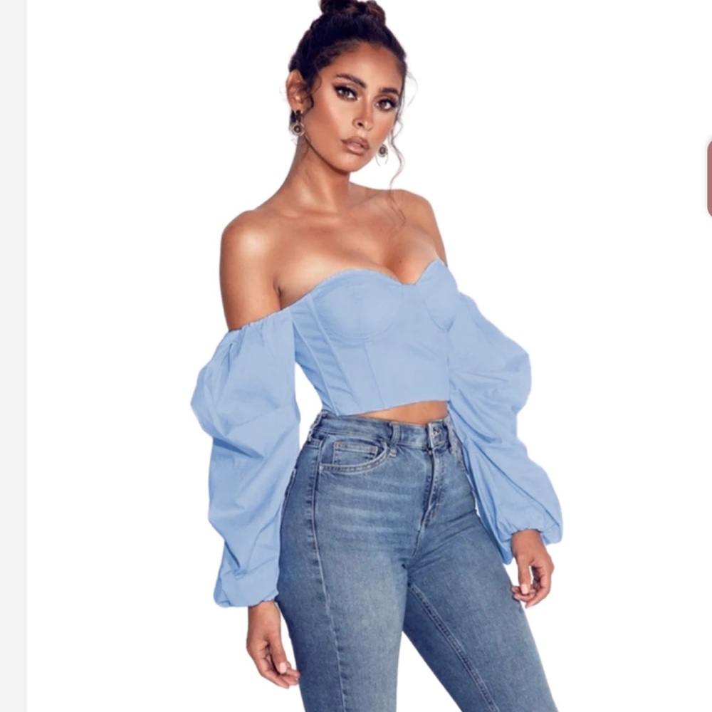 Baby blue off the shoulder corset top.